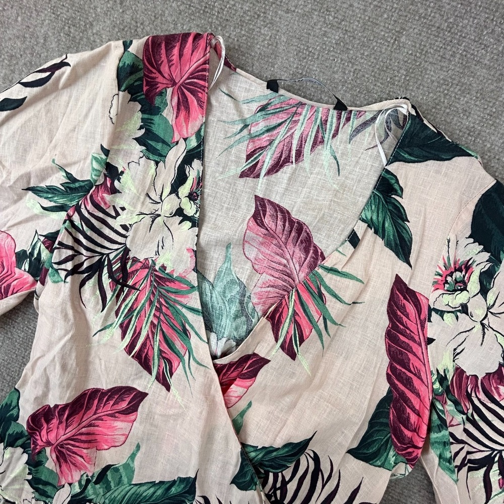 Zara Blouse Top Womens S Multicolor Leaf Print V Neck Wrap Front Tropical Beach